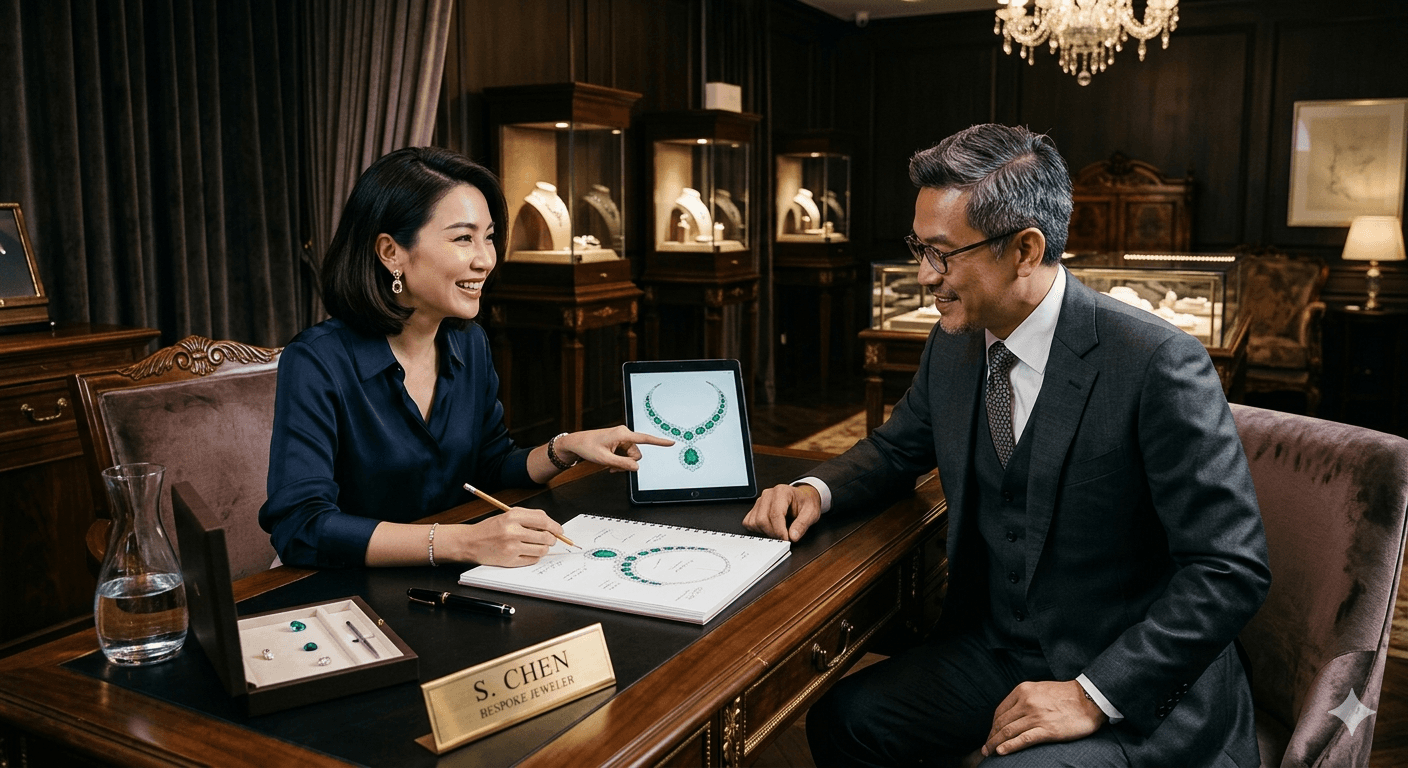 Private custom jewelry consultation in a luxury showroom