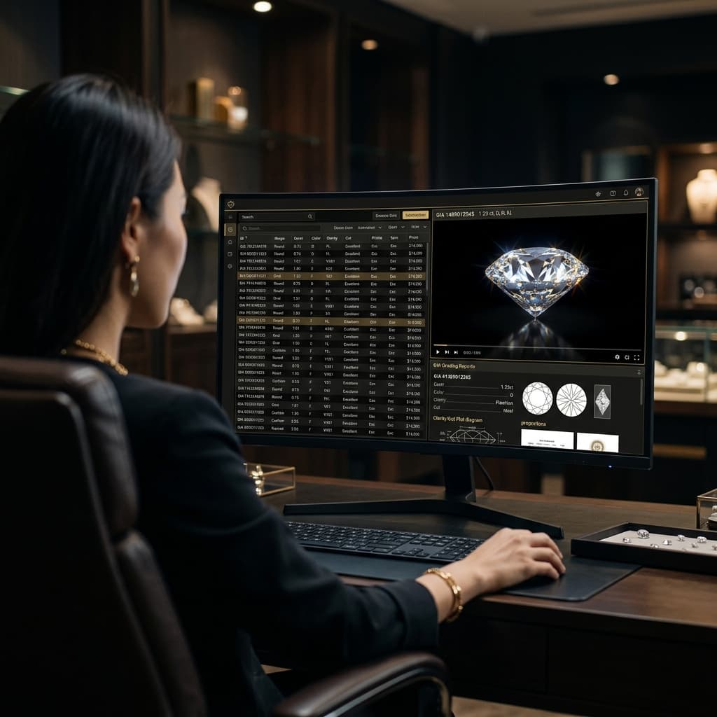 Certified diamond presentation split between stone detail and digital inventory