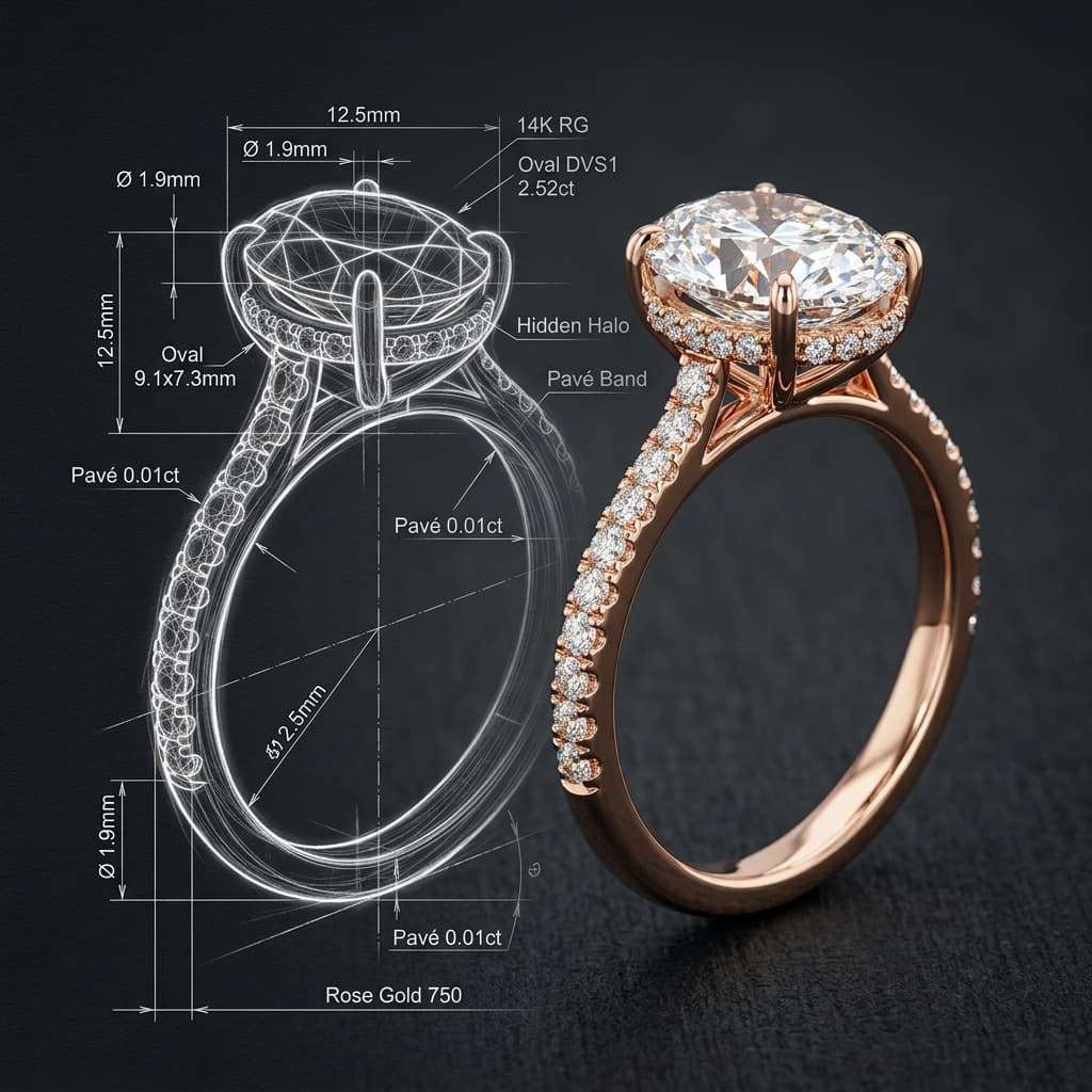 Rose gold oval ring design sketch beside the finished setting