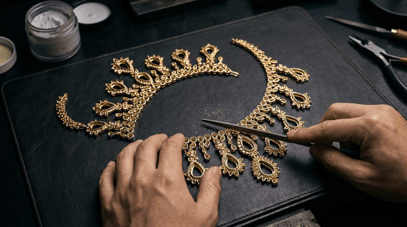 Luxury jewelry assembly at the workbench