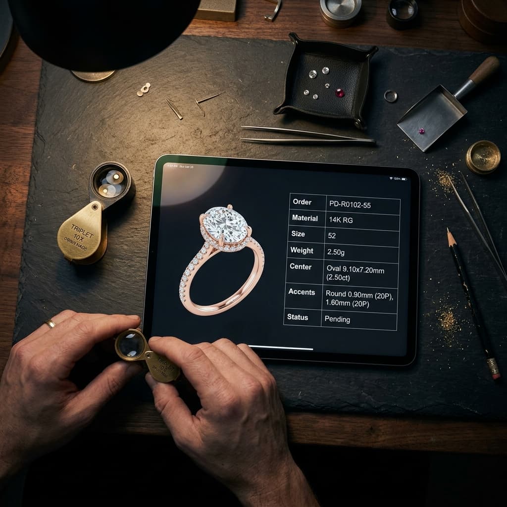 Jeweler reviewing ring design details on a tablet before production